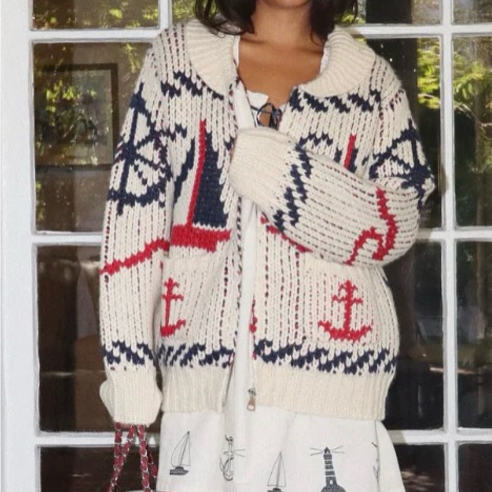 Cream Nautical Anchor Knit Cardigan Sweater - Women